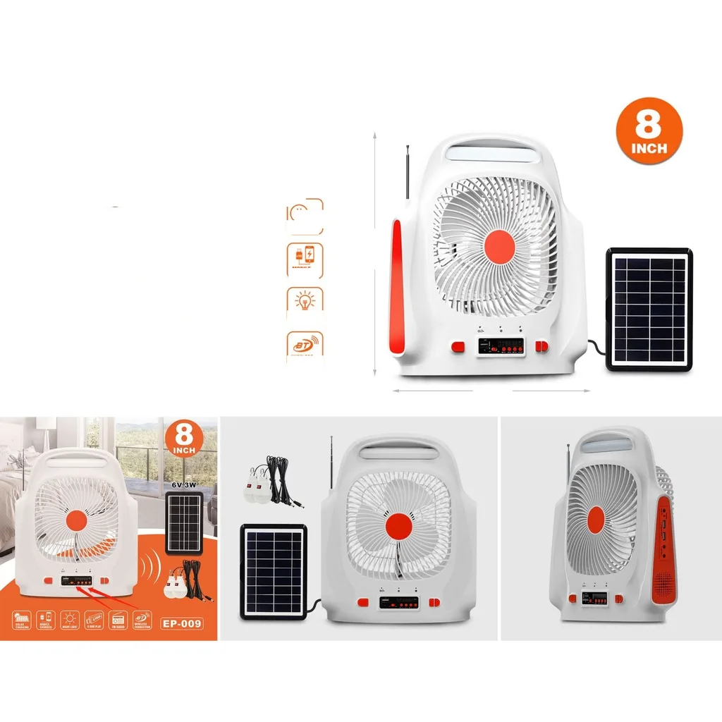 Ventilador recargable 8 pulgadas con panel solar y luz
