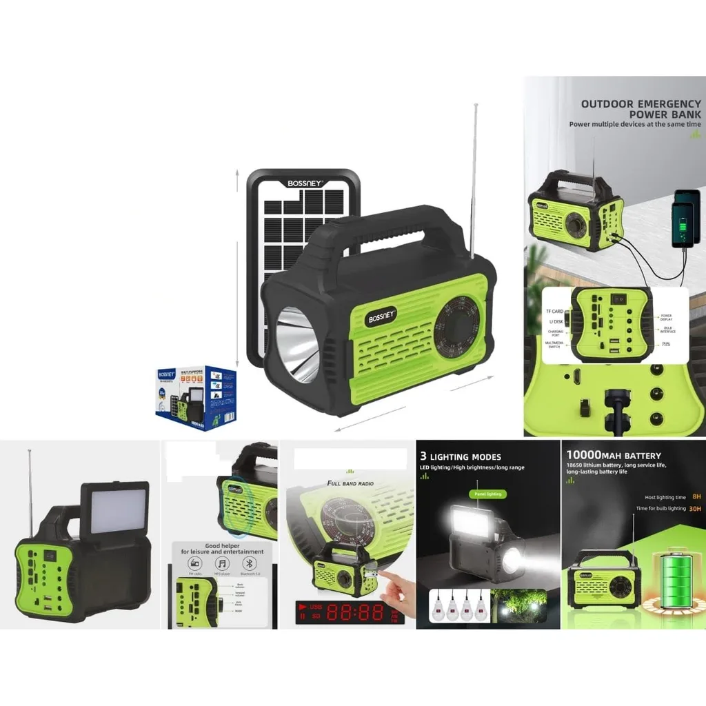 Sistema solar pequeno con radio multimedia, linterna LED y power bank