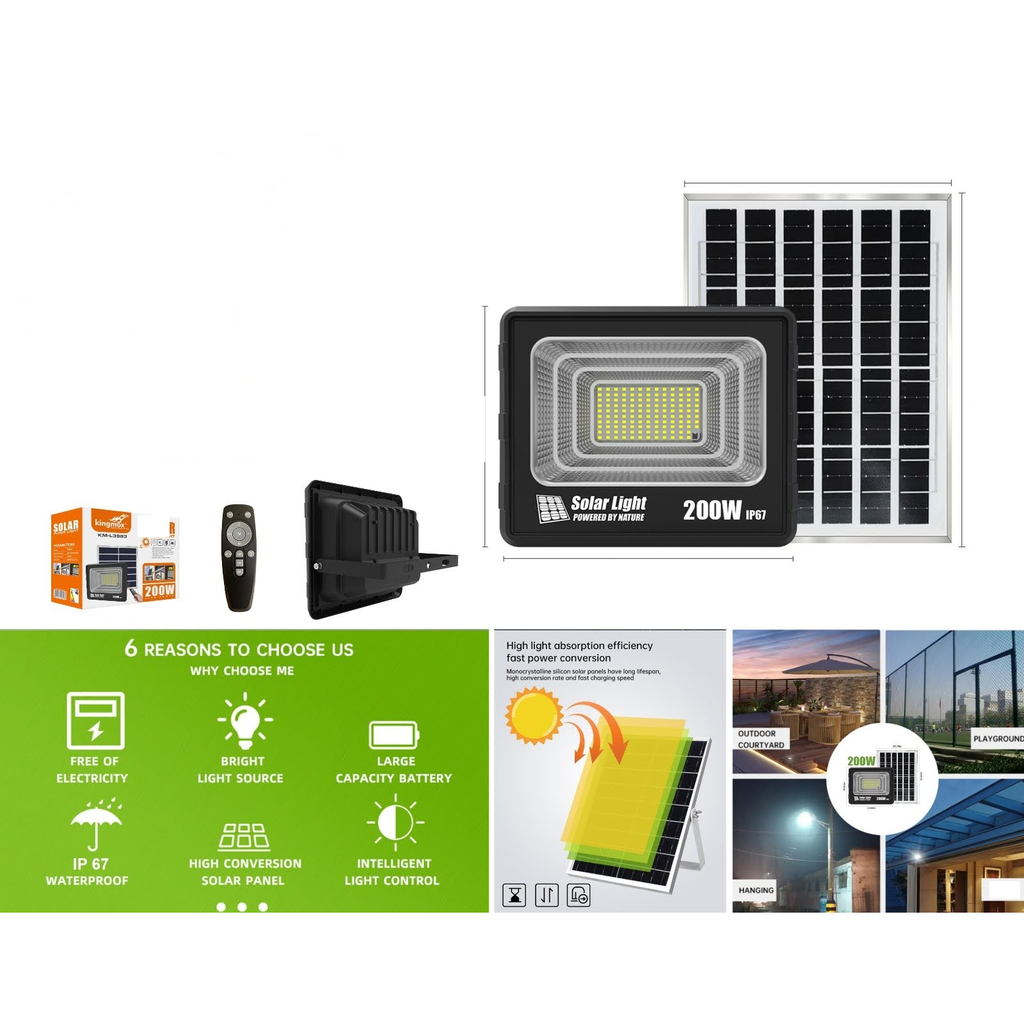 Reflector solar LED 200W con panel solar y control remoto