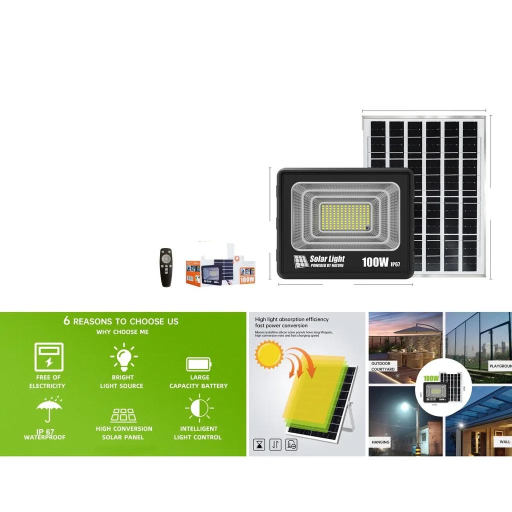 Reflector solar LED 100W con panel solar y control remoto