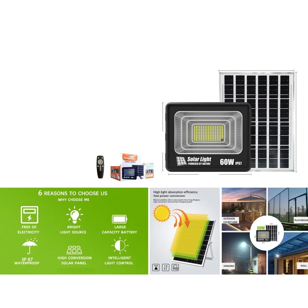 Reflector solar LED 60W con panel solar y control remoto