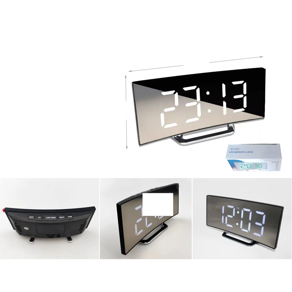 Reloj despertador digital LED con espejo curvo