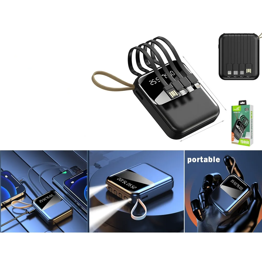 Bateria portatil 15000mAh con cables integrados y pantalla