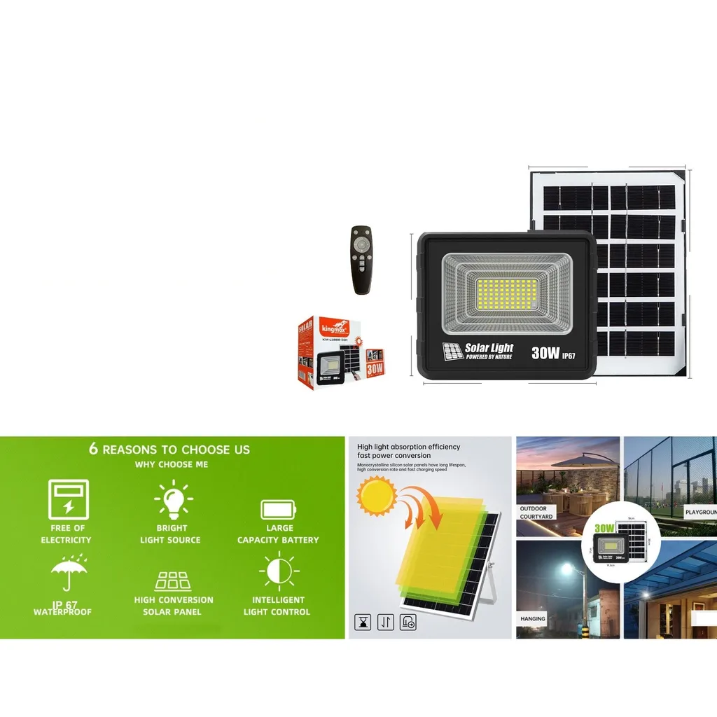 Reflector LED solar 30W con panel y control remoto