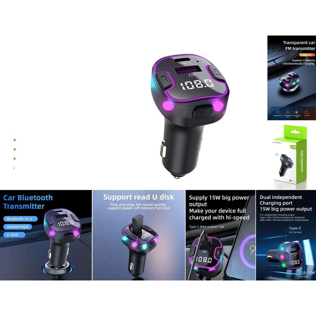 Transmisor FM cargador para auto BT USB