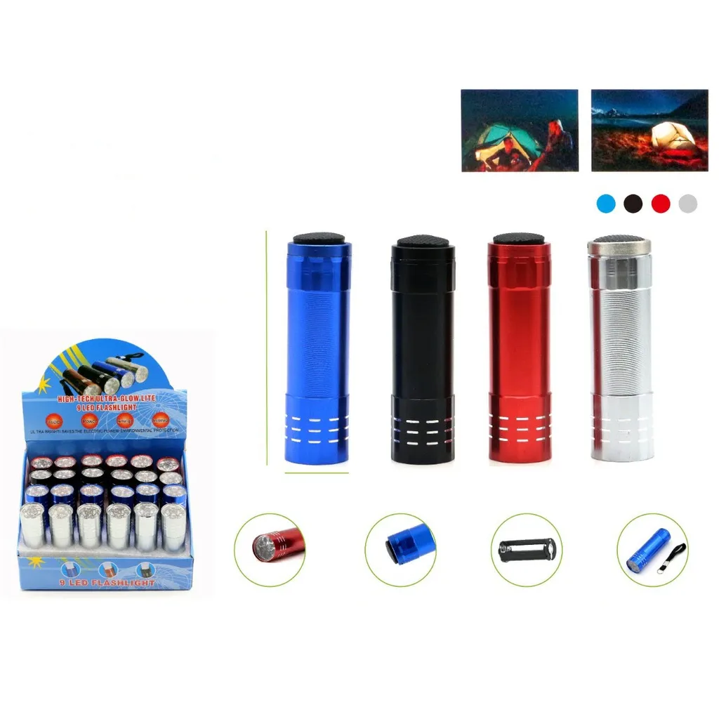 Linterna de mano 9 LED de aluminio con bateria seca