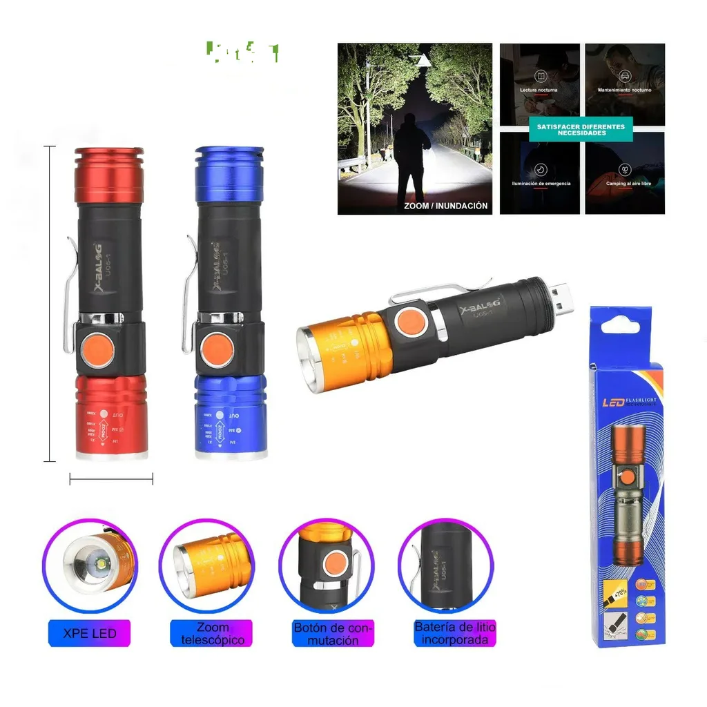 Linterna recargable USB con zoom telescopico XPE LED