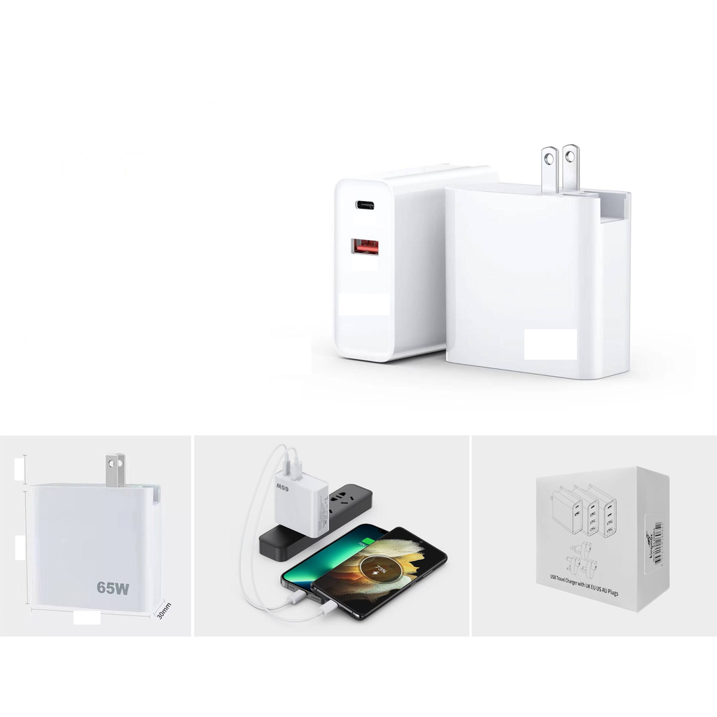 Cargador rapido 65W con puertos USB-A y Tipo-C