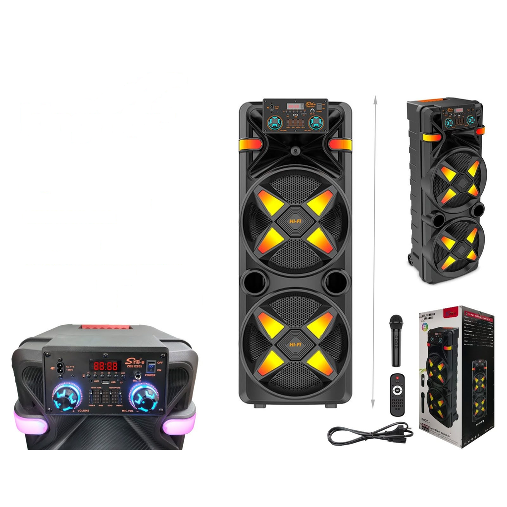 Bocina amplificada doble 12 pulg 100W con microfono y luces de colores