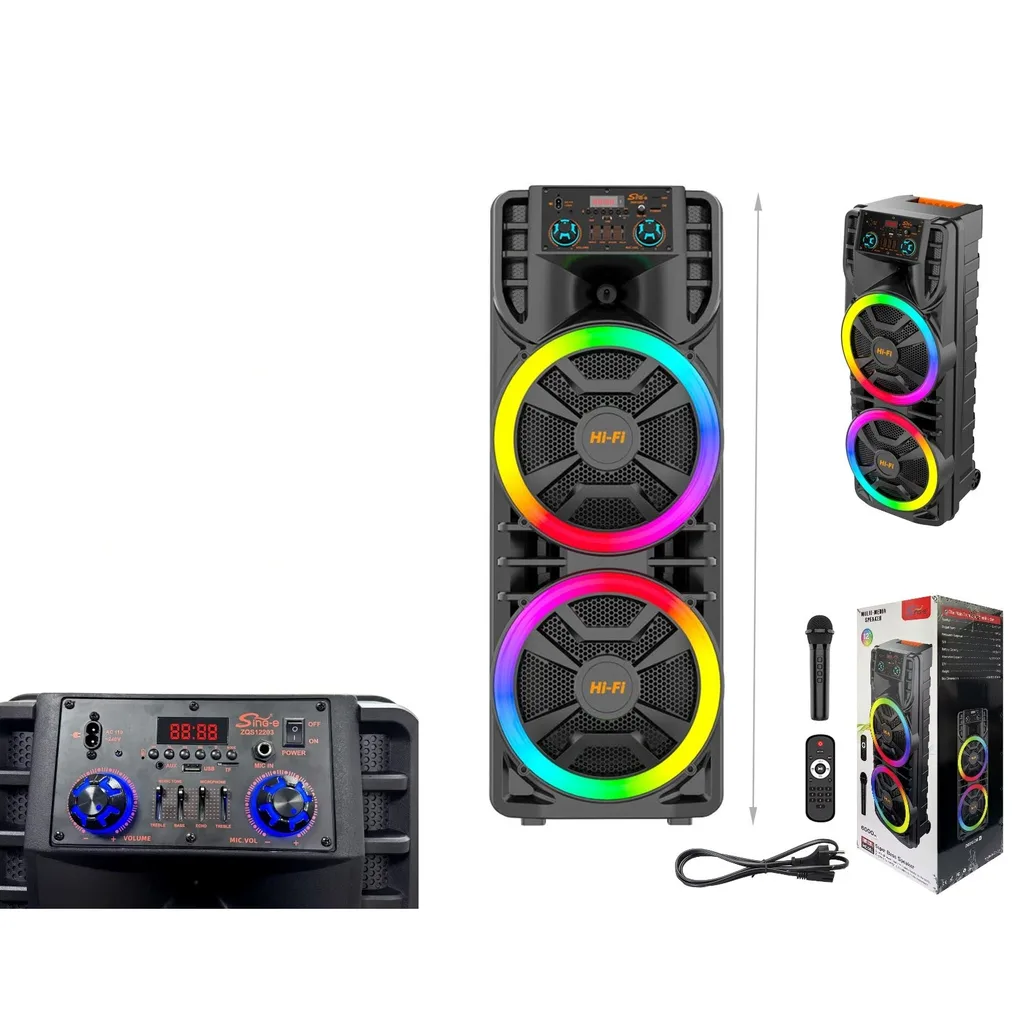 Bocina amplificada doble 12 pulg 100W con microfono y luces RGB