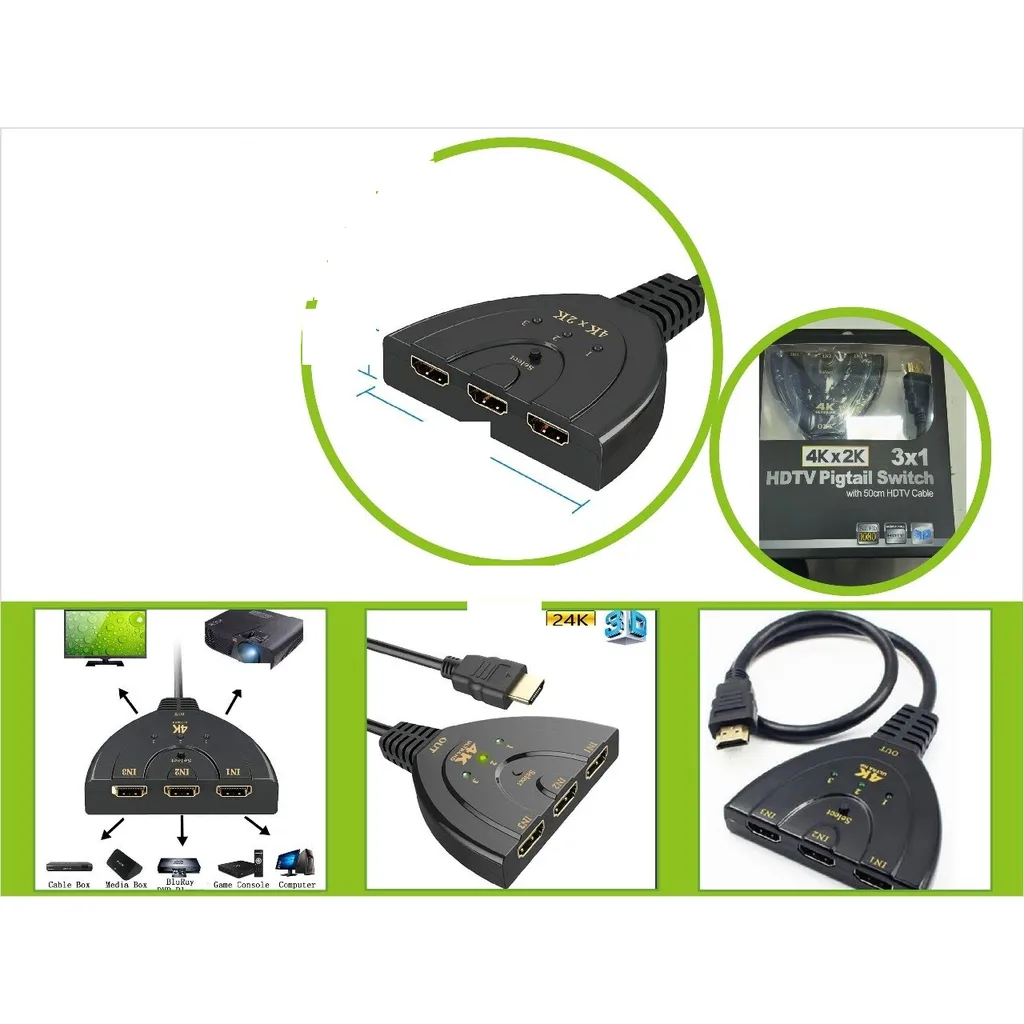 Switch divisor HDMI 4K 3x1 con cable