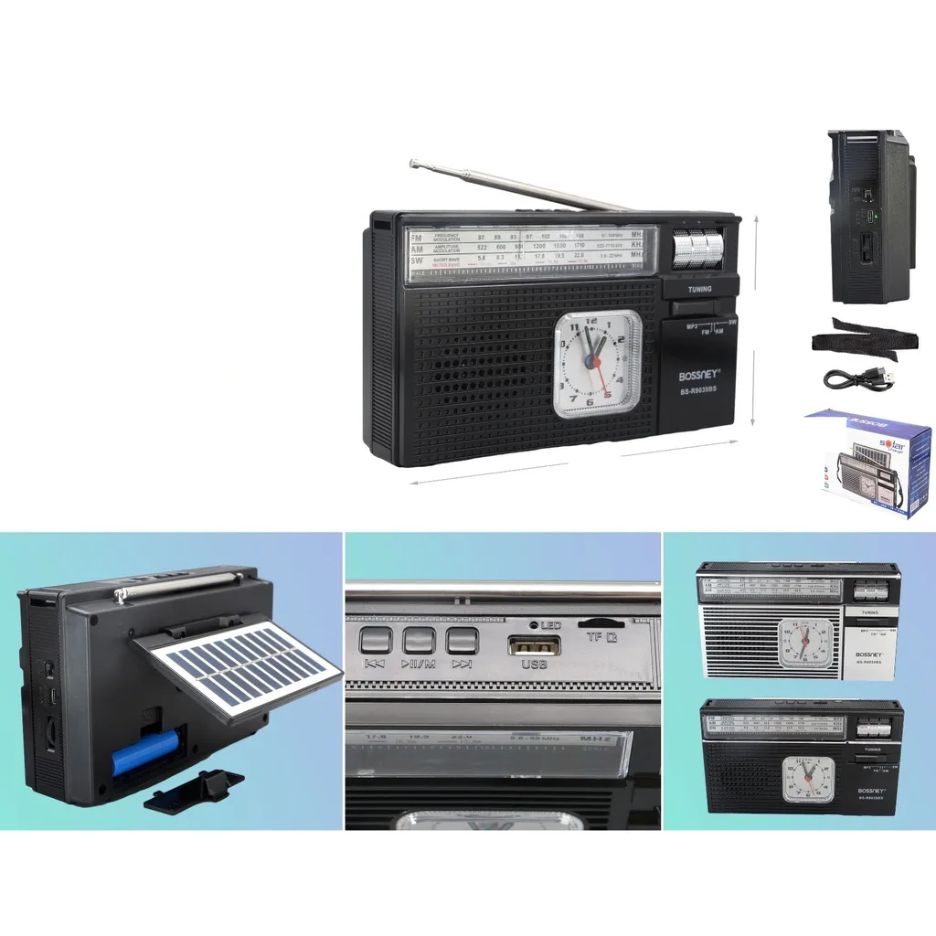 Radio multibanda recargable con reloj y panel solar
