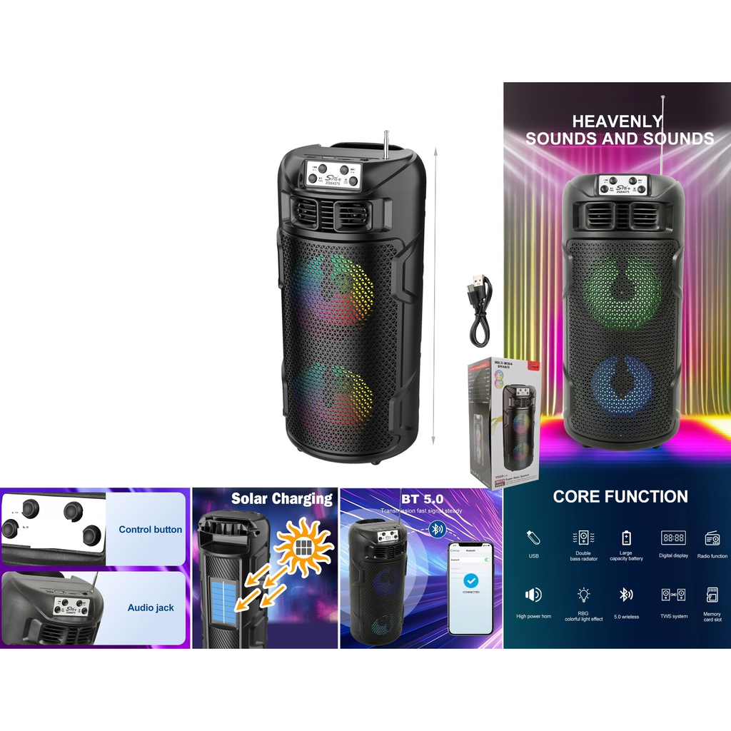 Parlante portatil Bluetooth con carga solar y luces de colores