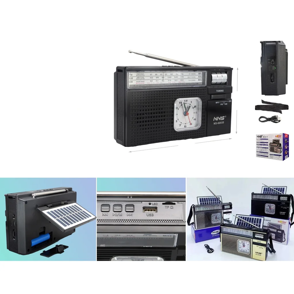 Radio multibanda recargable con panel solar BT FM AM SW USB TF