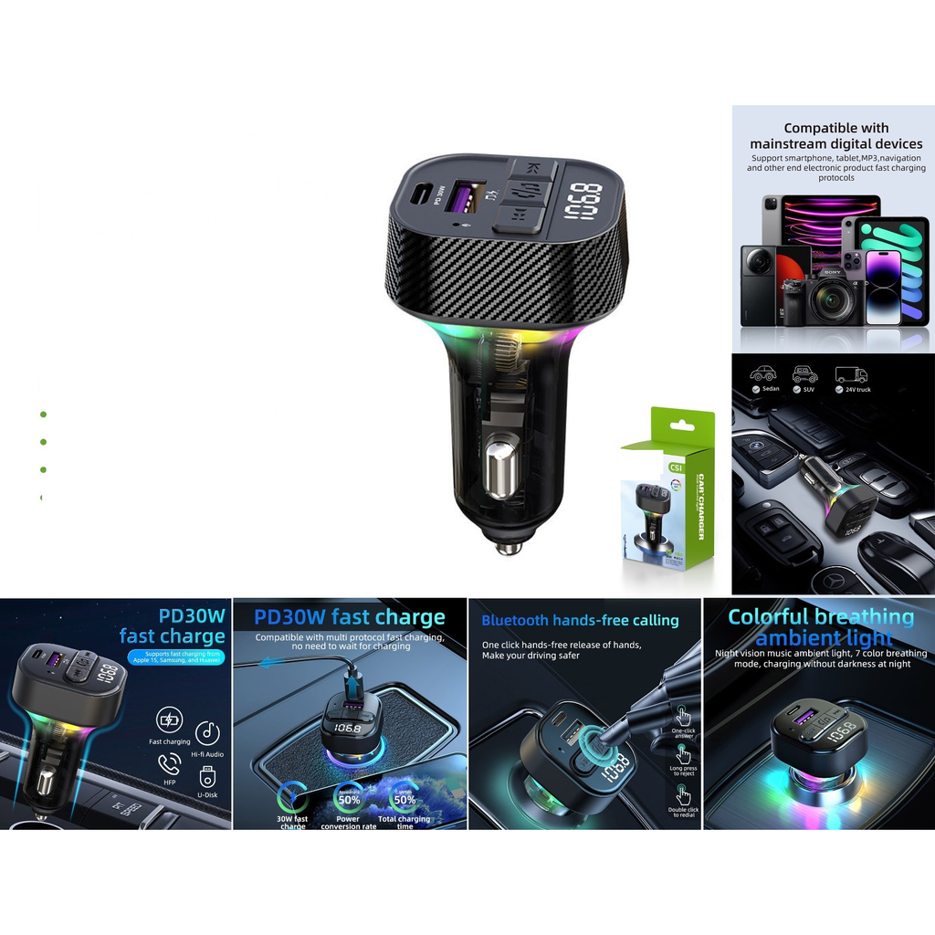 Transmisor cargador para auto Bluetooth FM USB PD45W