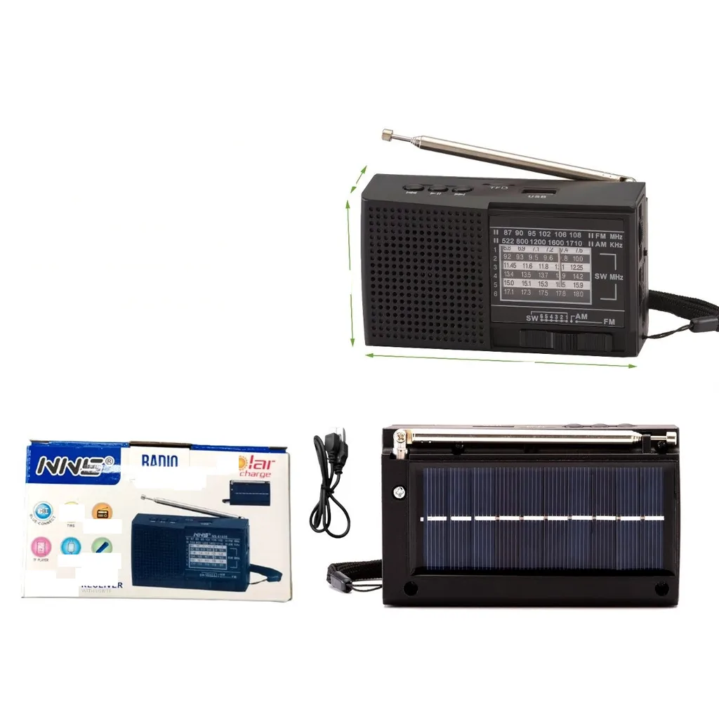 Radio portatil FM/AM/SW de 8 bandas con USB, TF y Bluetooth y carga solar