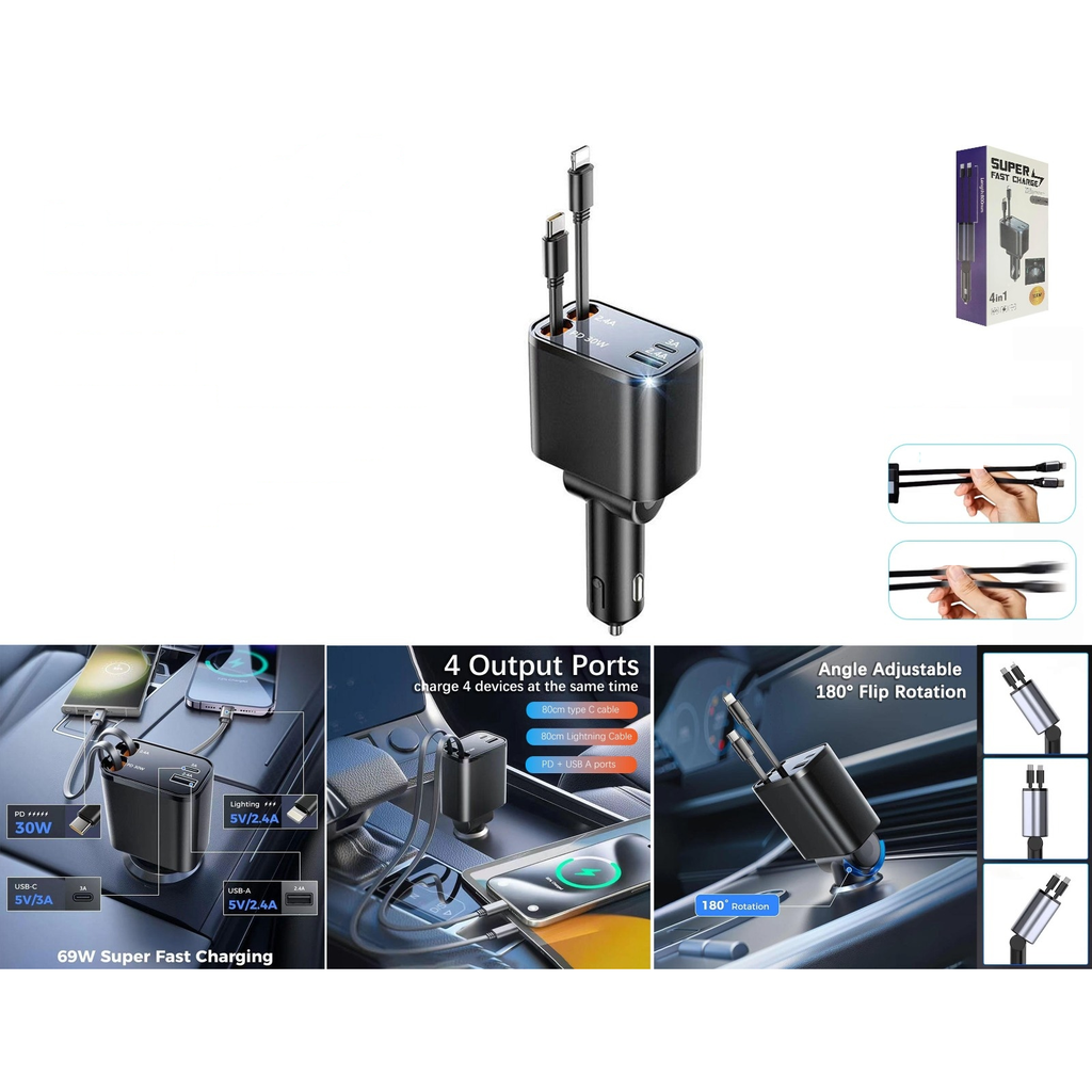 Cargador para auto 4 en 1 con cables retractiles Lightning y Type-C