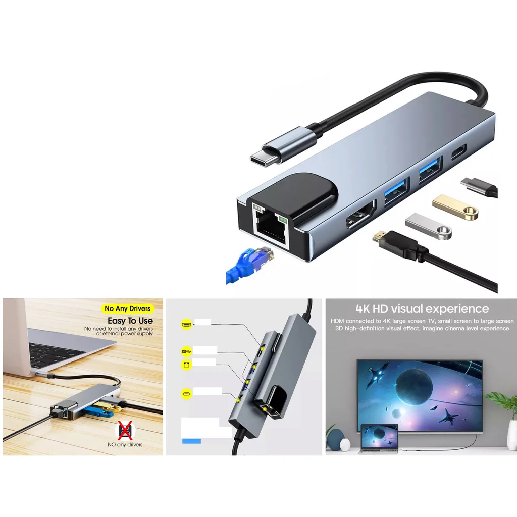 Hub Tipo-C 5 en 1 con HDMI USB y RJ45