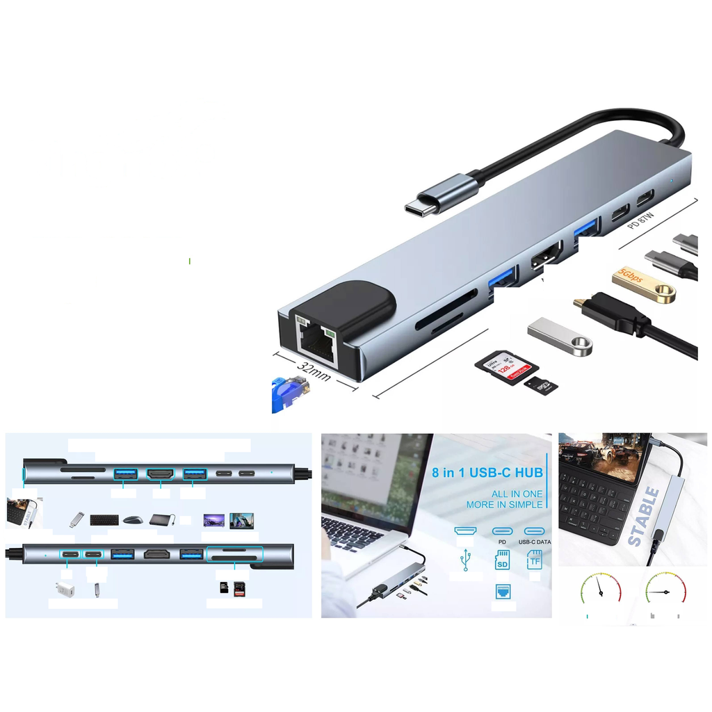 Hub Tipo-C 8 en 1 con HDMI 4K USB y RJ45