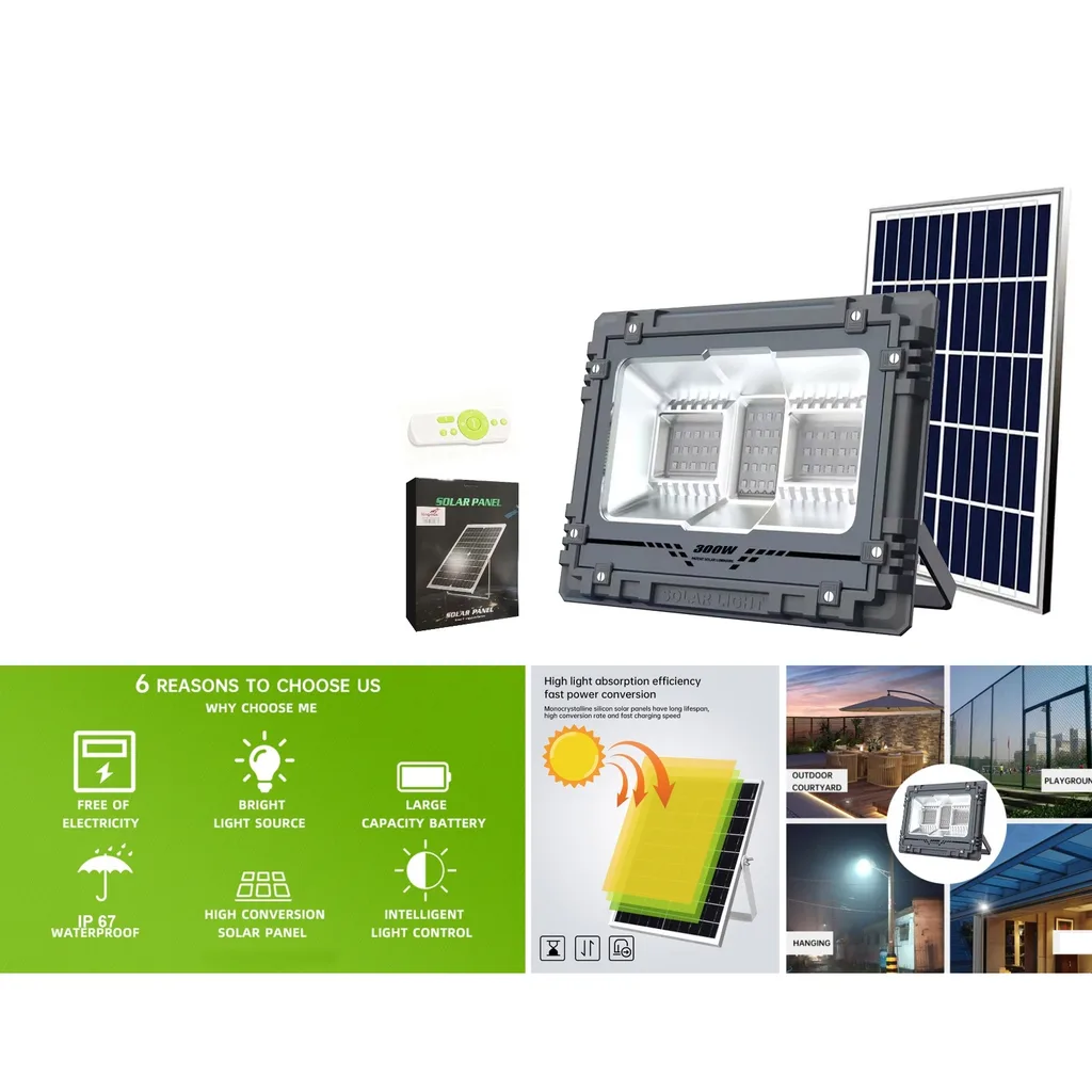 Foco solar proyector 300W con panel solar y control remoto