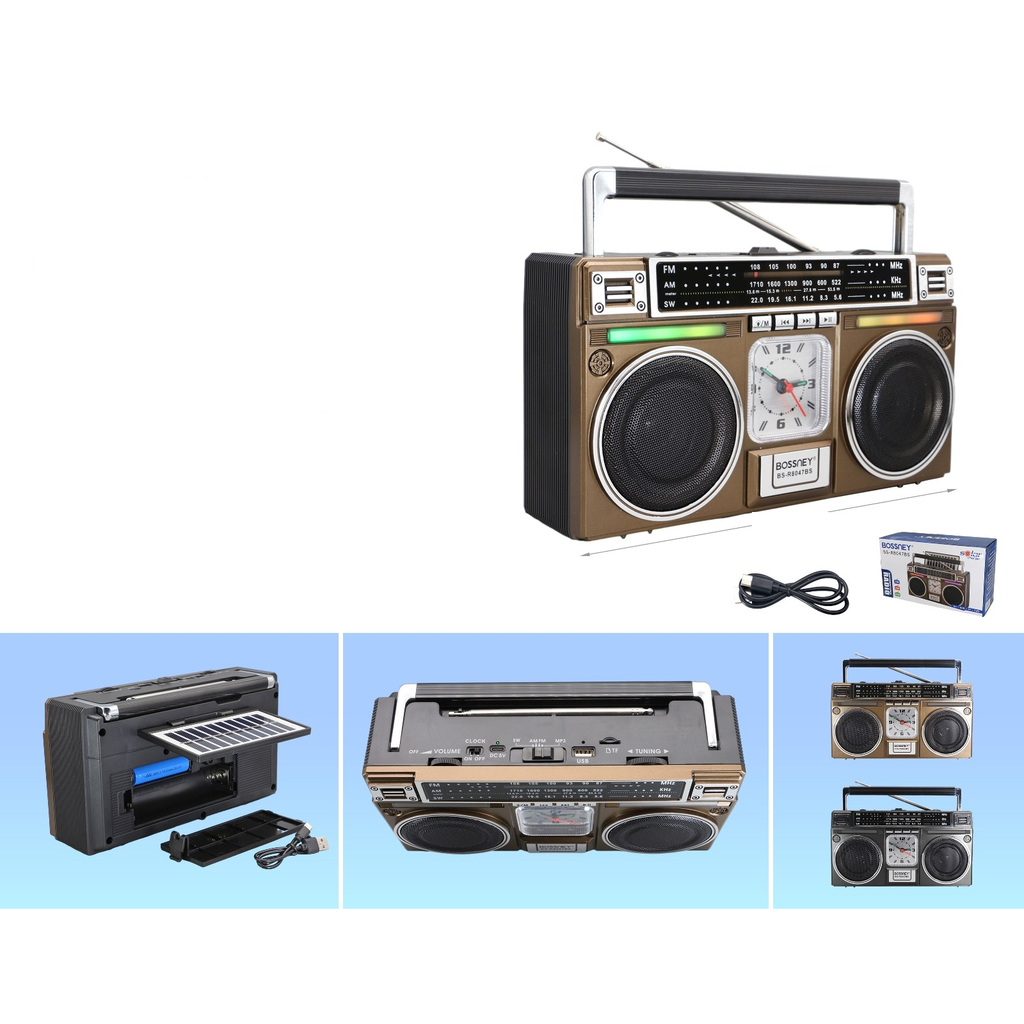 Radio retro multifuncion FM/AM/SW con Bluetooth USB TF reloj y energia solar