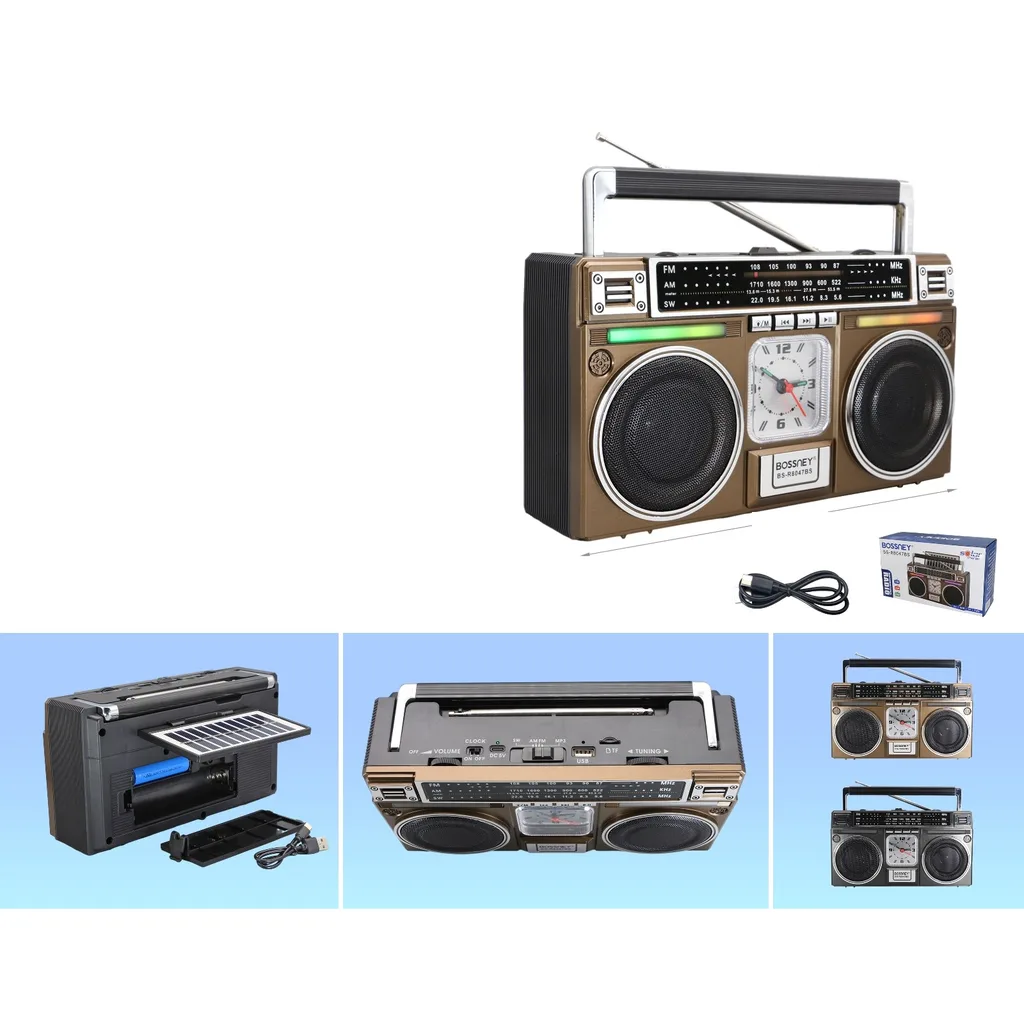 Radio retro multifuncion FM/AM/SW con Bluetooth USB TF reloj y energia solar