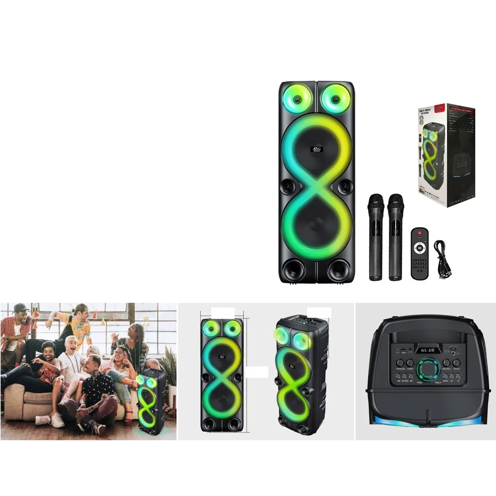 Bocina grande 60W doble altavoz 8 pulg Bluetooth con luces y microfonos