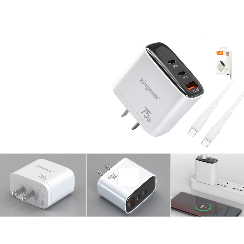 Cargador de pared 75W USB-C PD y USB-A QC3.0 con cable Tipo C