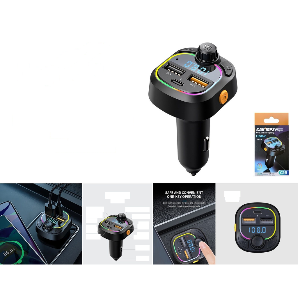 [C28] Transmisor FM Bluetooth para auto con luz RGB y doble USB - Modelo C28