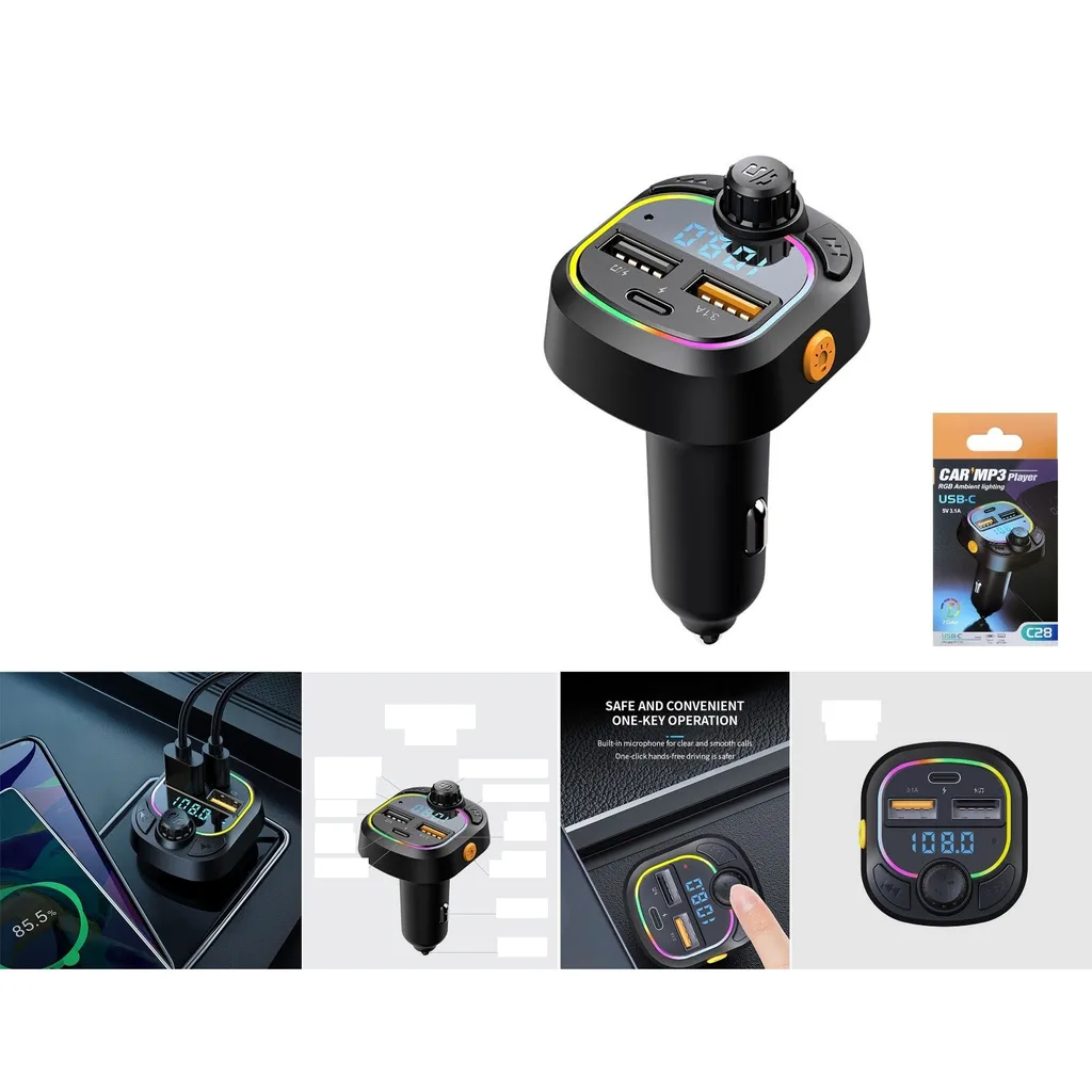 Transmisor FM Bluetooth para auto con luz RGB y doble USB - Modelo C28