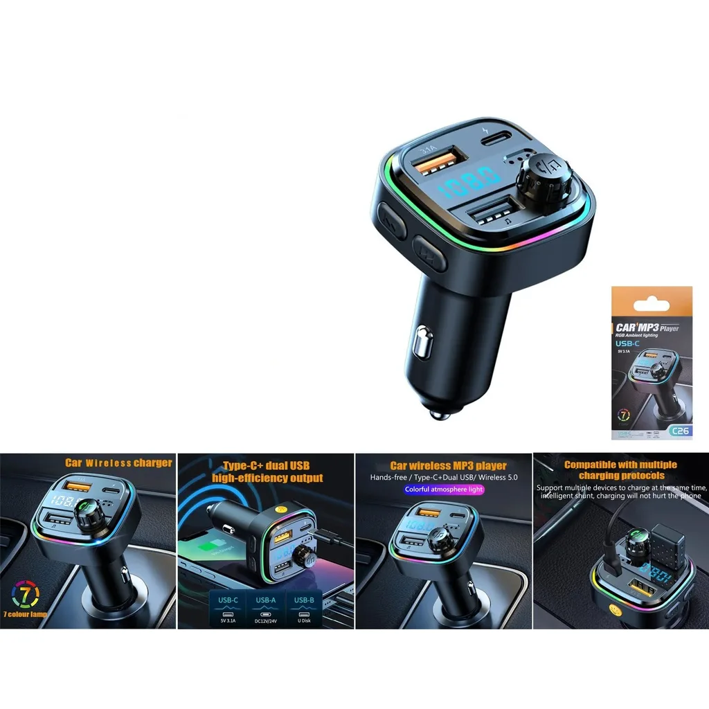 Transmisor FM Bluetooth para auto con luz RGB y doble USB - Modelo C26